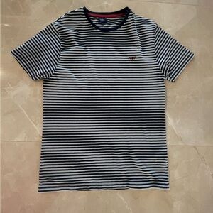 Mr Blue Men Polo Size Medium Blue White Stripped Crew Neck Short Sleeve Pullover